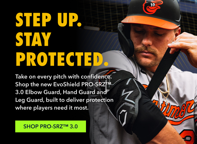 STEP UP.  STAY  PROTECTED. Take on every pitch with confidence. Shop the new EvoShield PRO-SRZ™ 3.0 Elbow Guard, Hand Guard and Leg Guard, built to deliver protection where players need it most. shop pro-srz™ 3.0